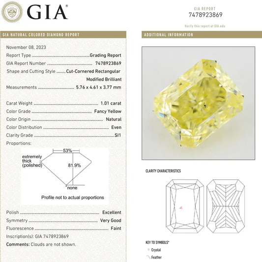 GIA Certified 1.01ct. Fancy Yellow Loose Natural Diamond Radiant Emerald SI1 Untreated|Certificate|Genuine|Yellow Diamond