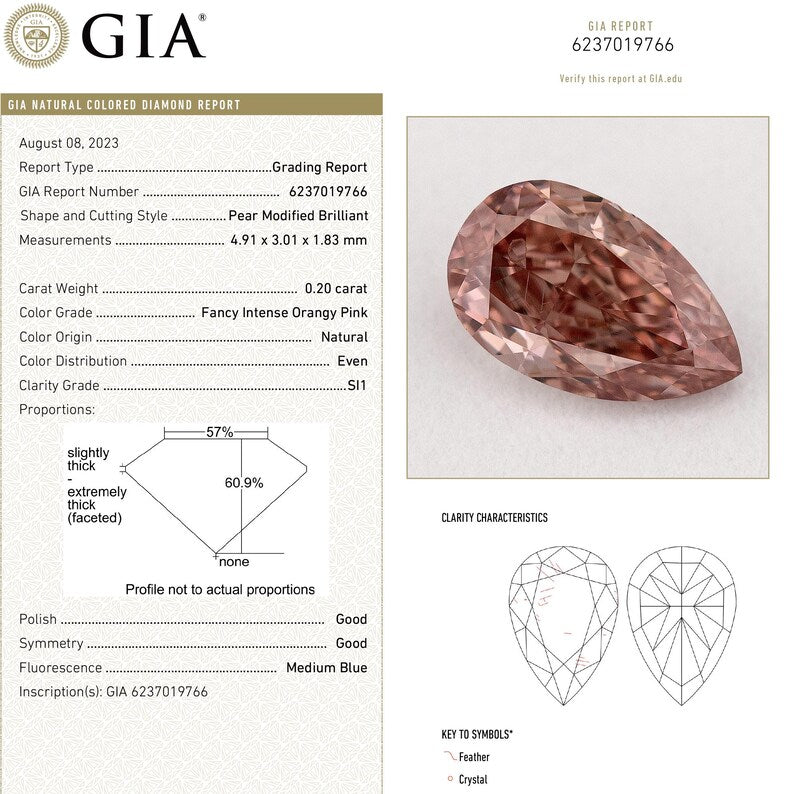 GIA Certified 0.20ct Fancy Intense Orangy Pink Natural Argyle Pink Diamond Pear Brilliant SI1