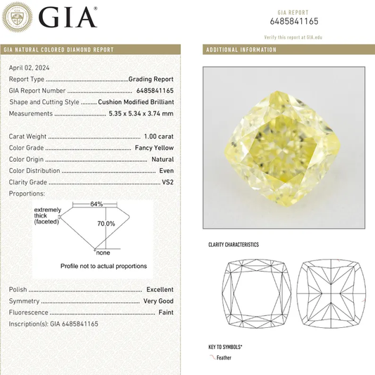 GIA Certified 1.00ct. Fancy Yellow Loose Natural Diamond Cushion VS2 Untreated|Certificate|Genuine|Yellow Diamond