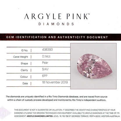 Argyle Certified 0.14ct 6PP Fancy Intense Pink Natural Argyle Pink Diamond Pear Brilliant