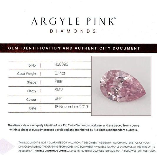 Argyle Certified 0.14ct 6PP Fancy Intense Pink Natural Argyle Pink Diamond Pear Brilliant