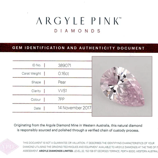 Argyle Certified 0.16ct 7PP Fancy Purple Pink Natural Argyle Pink Diamond Pear Brilliant