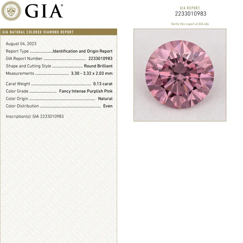 GIA Certified 0.13ct Fancy Intense Purplish Pink Natural Argyle Pink Diamond Round Brilliant VS1