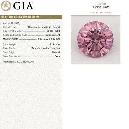 GIA Certified 0.13ct Fancy Intense Purplish Pink Natural Argyle Pink Diamond Round Brilliant VS1