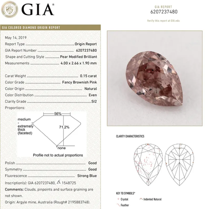 GIA Certified 0.15ct Fancy Brownish Pink Natural Argyle Pink Diamond Pear Brilliant SI2