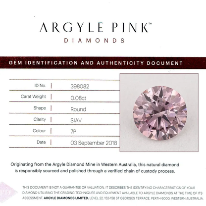 Argyle Certified 0.08ct 7P Fancy Pink Natural Argyle Pink Diamond Round Brilliant