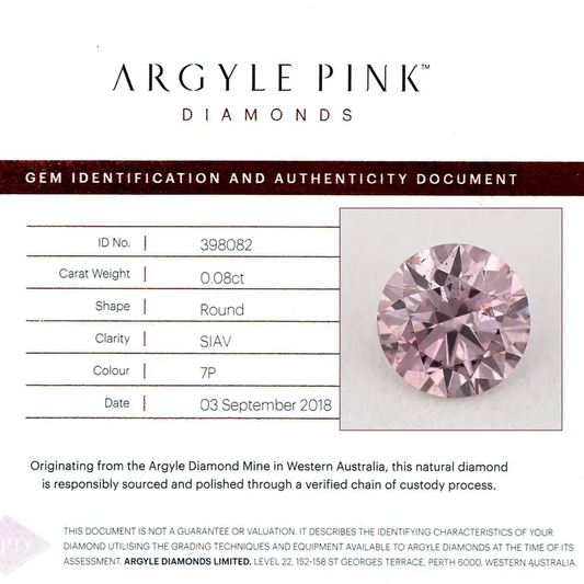 Argyle Certified 0.08ct 7P Fancy Pink Natural Argyle Pink Diamond Round Brilliant