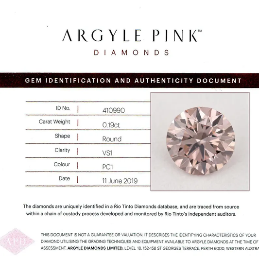 Argyle Certified 0.19ct PC1 Fancy Pink Champagne Natural Argyle Pink Diamond Round Brilliant