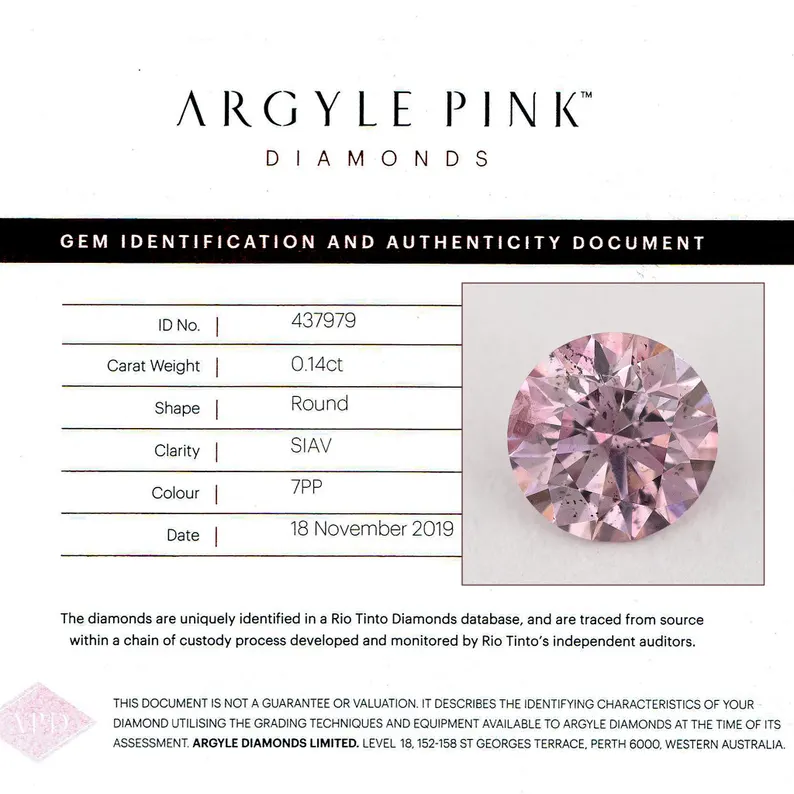 Argyle Certified 0.14ct 7PP Fancy Pink Natural Argyle Pink Diamond Round Diamond
