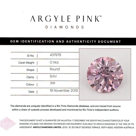 Argyle Certified 0.14ct 7PP Fancy Pink Natural Argyle Pink Diamond Round Diamond