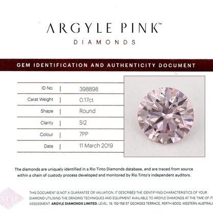 Argyle Certified 0.17ct 7PP Fancy Pink Natural Argyle Pink Diamond Round Brilliant