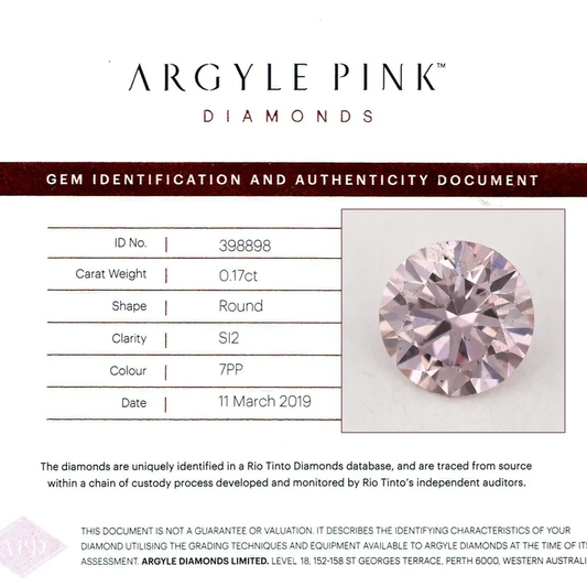 Argyle Certified 0.17ct 7PP Fancy Pink Natural Argyle Pink Diamond Round Brilliant