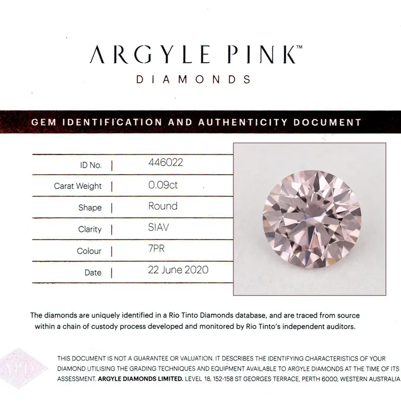 Argyle Certified 0.09ct 7PR Fancy Pink Natural Argyle Pink Diamond Round Briliant