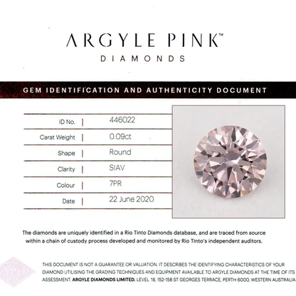 Argyle Certified 0.09ct 7PR Fancy Pink Natural Argyle Pink Diamond Round Briliant
