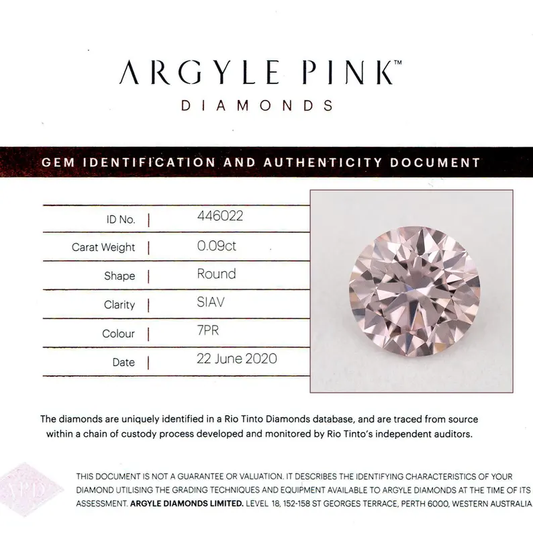 Argyle Certified 0.09ct 7PR Fancy Pink Natural Argyle Pink Diamond Round Briliant