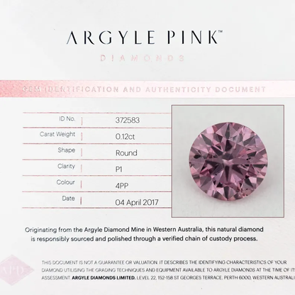 Argyle Certified 0.12ct 4PP Fancy Vivid Purple Pink Natural Argyle Pink Diamond Round Brilliant