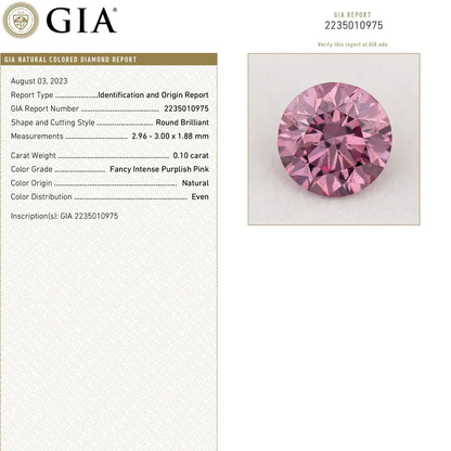 GIA Certified 0.10ct Fancy Intense Purplish Pink Natural Argyle Pink Diamond Round Brilliant VS2