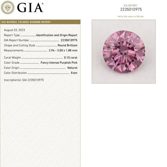 GIA Certified 0.10ct Fancy Intense Purplish Pink Natural Argyle Pink Diamond Round Brilliant VS2