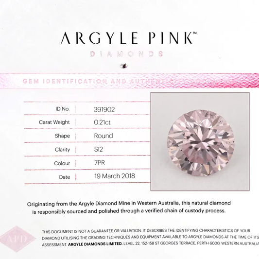 Argyle Certified 0.21ct 7PR Fancy Rose Pink Natural Argyle Pink Diamond Round Brilliant