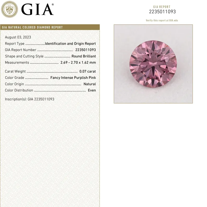 GIA Certified 0.07ct Fancy Intense Purplish Pink Natural Argyle Pink Diamond Round Brilliant VS1
