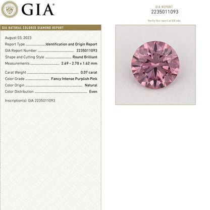 GIA Certified 0.07ct Fancy Intense Purplish Pink Natural Argyle Pink Diamond Round Brilliant VS1