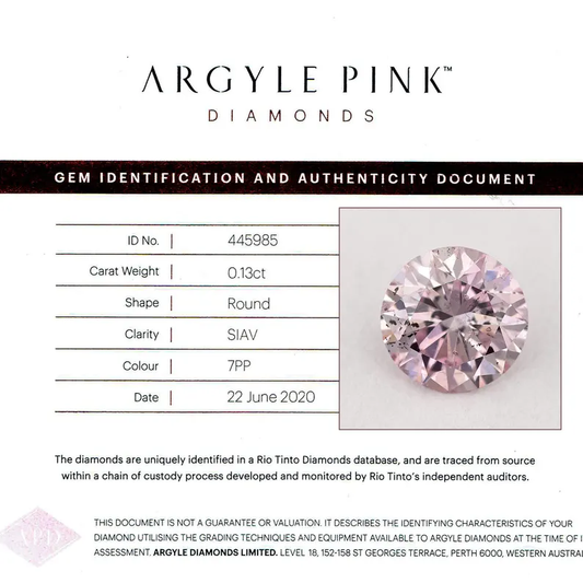 Argyle Certified 0.13ct 7PP Fancy Pink Natural Argyle Pink Diamond Round Brilliant