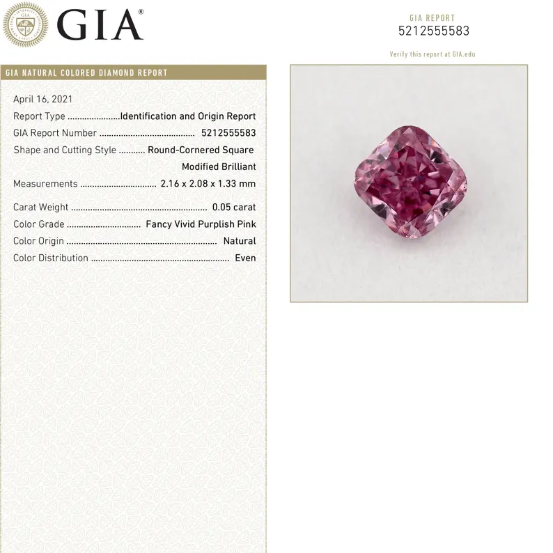 GIA Certified 0.05ct Fancy Vivid Purplish Pink natural Argyle Pink Diamond Cushion Brilliant