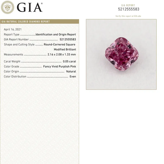 GIA Certified 0.05ct Fancy Vivid Purplish Pink natural Argyle Pink Diamond Cushion Brilliant