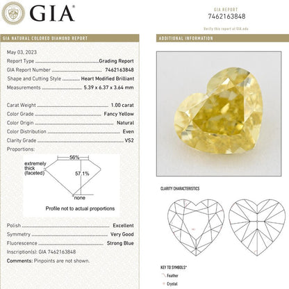GIA Certified 1.00ct. Fancy Yellow Loose Natural Diamond Heart VS2 Untreated|Certificate|Genuine|Yellow Diamond