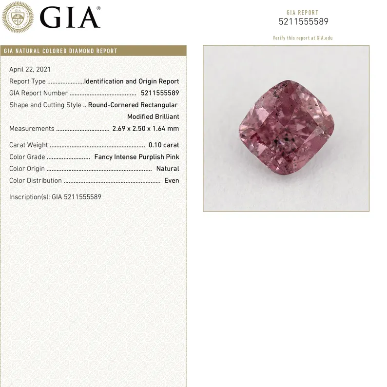 GIA Certified 0.10ct Fancy Intense Purplish Pink Natural Argyle Pink Diamond Cushion Brilliant