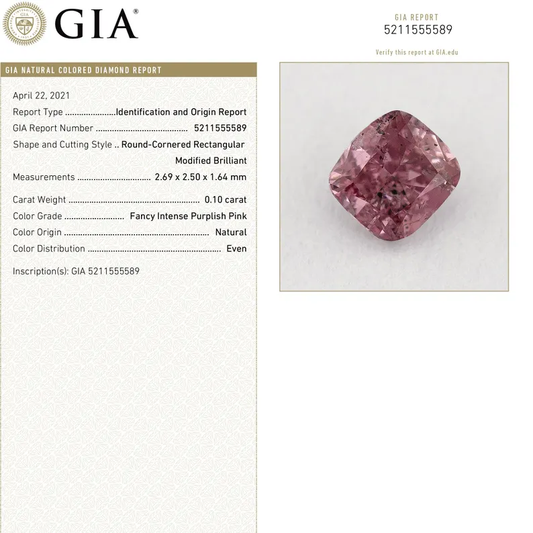 GIA Certified 0.10ct Fancy Intense Purplish Pink Natural Argyle Pink Diamond Cushion Brilliant