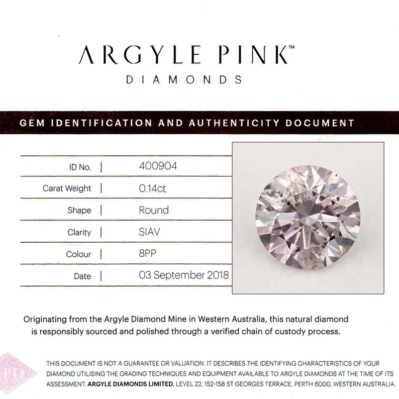 Argyle Certified 0.14ct 8PP Fancy Pink Natural Argyle Pink Diamond Round Brilliant