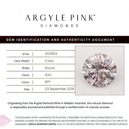 Argyle Certified 0.14ct 8PP Fancy Pink Natural Argyle Pink Diamond Round Brilliant