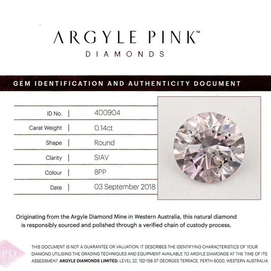 Argyle Certified 0.14ct 8PP Fancy Pink Natural Argyle Pink Diamond Round Brilliant