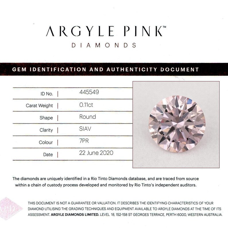 Argyle Certified 0.11ct 7PR Fancy Pink Natural Argyle Pink Diamond Round Brilliant