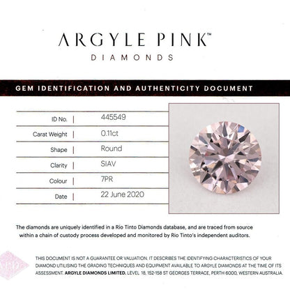 Argyle Certified 0.11ct 7PR Fancy Pink Natural Argyle Pink Diamond Round Brilliant