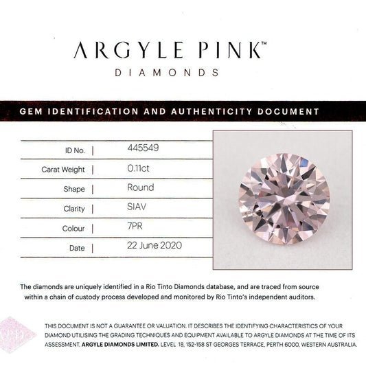 Argyle Certified 0.11ct 7PR Fancy Pink Natural Argyle Pink Diamond Round Brilliant