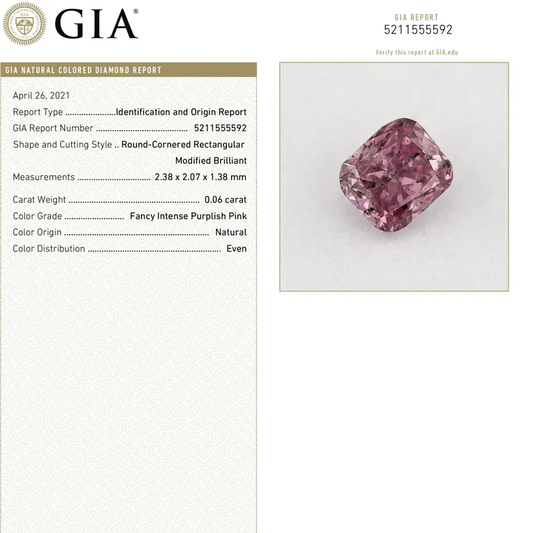 GIA Certified 0.06ct Fancy Intense Purplish Pink Natural Argyle Pink Diamond Cushion Brilliant