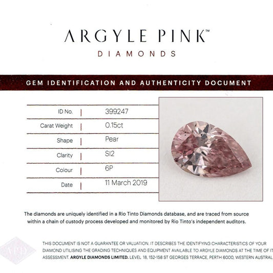 Argyle Certified 0.15ct 6P Fancy Intense Pink Natural Argyle Pink Diamond Pear Brilliant