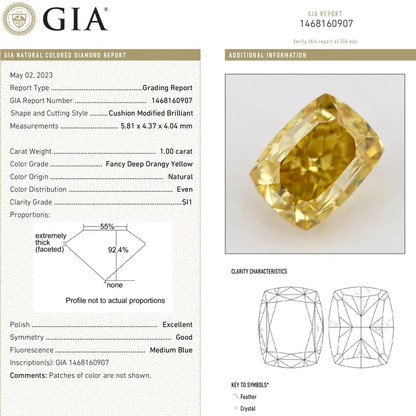 GIA Certified 1.00ct. Fancy Deep Orangy Yellow Loose Natural Diamond Cushion SI1 Untreated|Certificate|Genuine|Yellow Diamond