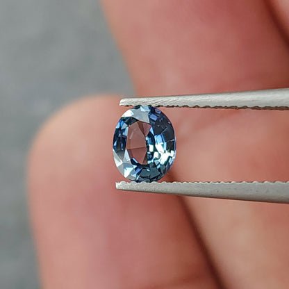 Blue-gray oval sapphire held face-up in tweezers with fingers visible behind it.