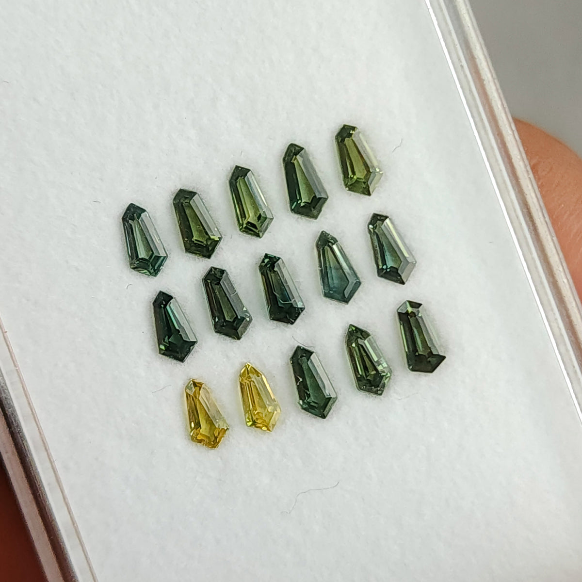 Fifteen geometric sapphires on a tilted white tray, with the yellow stones at the bottom.