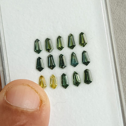 The sapphire selection tray beside a fingertip, with all fifteen stones visible.