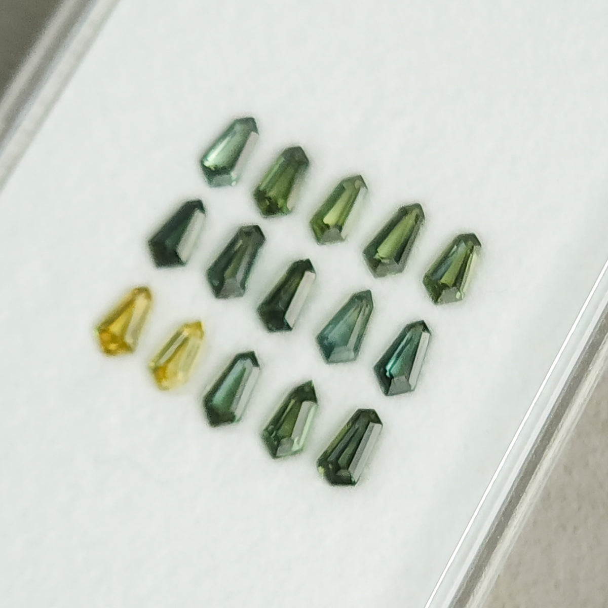 Soft-focus oblique view of the fifteen sapphires on a white tray.