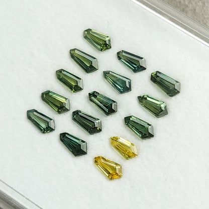 The fifteen sapphires seen close-up on the tray at a diagonal angle.