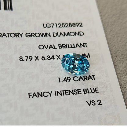 Blue oval diamond on its IGI report showing LG712528892, 1.49 carat, Fancy Intense Blue and VS2.