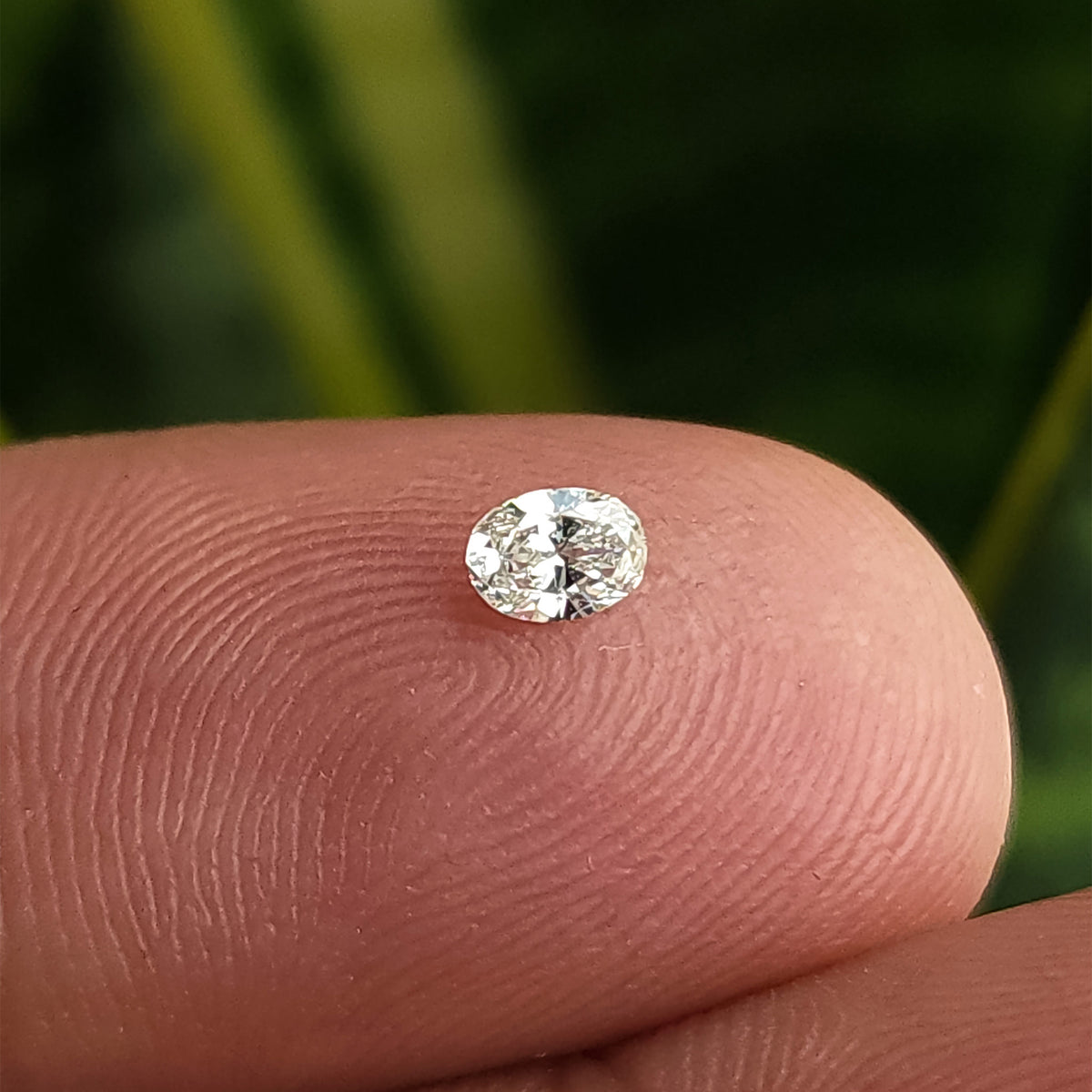 Single oval brilliant diamond resting face-up on a fingertip against a blurred green background.