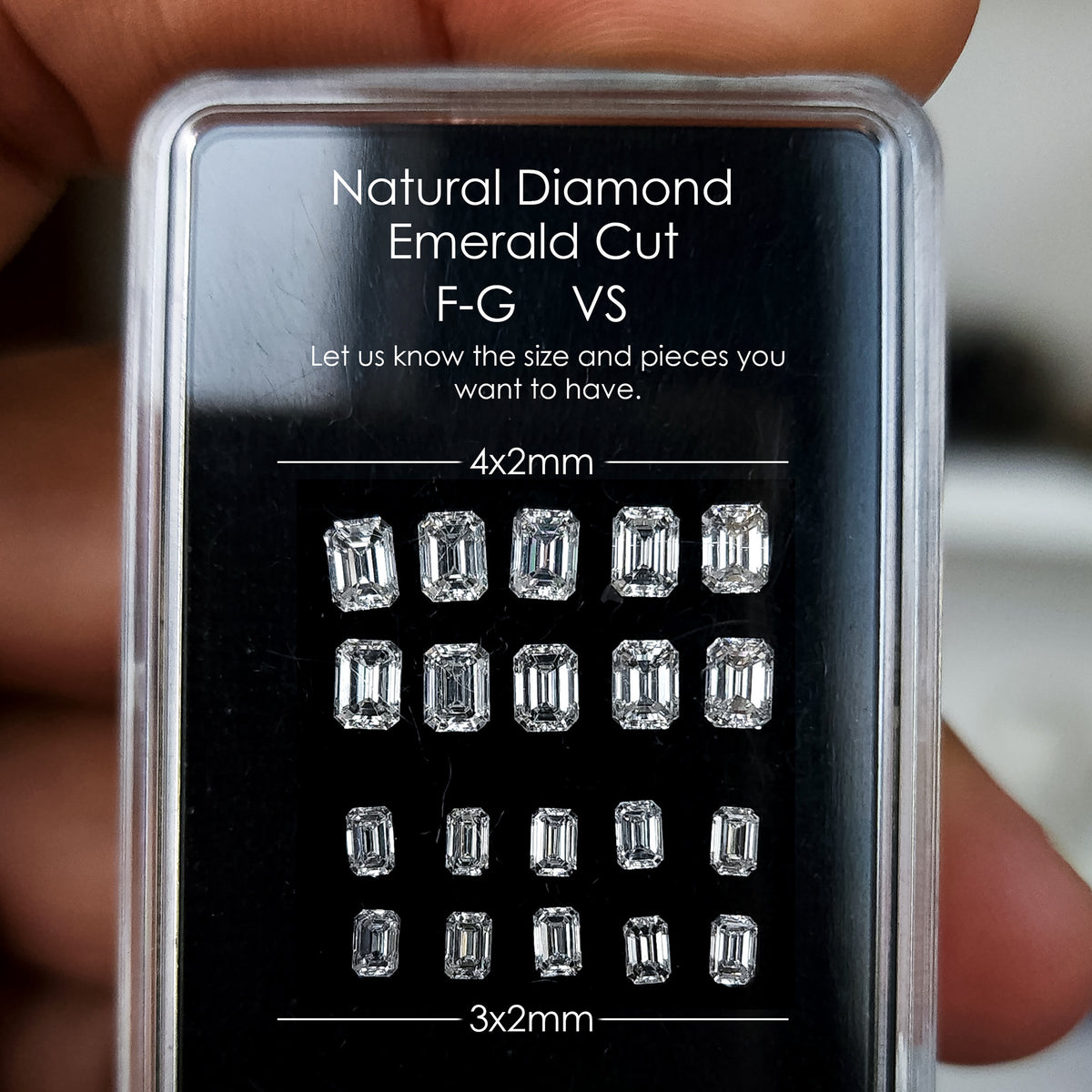 Emerald-cut diamond stock display labeled 4x3mm above the larger group and 3x2mm above the smaller group.