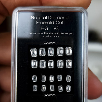 Emerald-cut diamond stock display labeled 4x3mm above the larger group and 3x2mm above the smaller group.