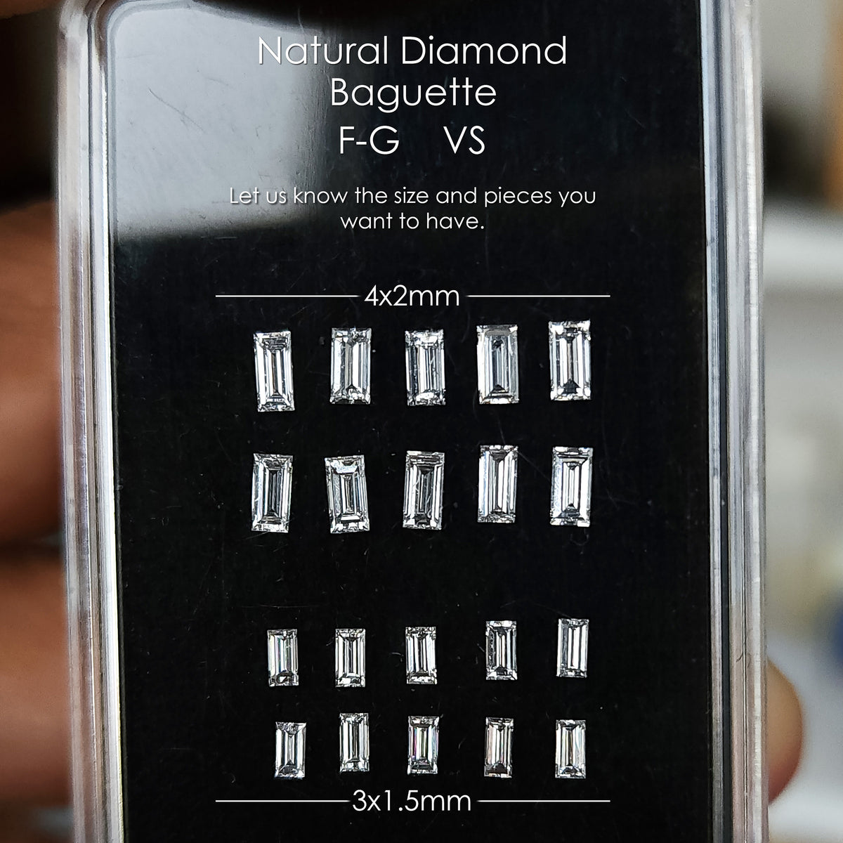Size guide comparing the 3x1.5mm and 4x2mm natural baguette diamond options; one stone per order.